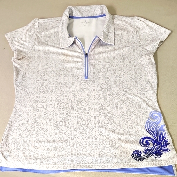 Athleta White Gray Fitted Polo Top with Embellishments Size XL - Picture 1 of 6